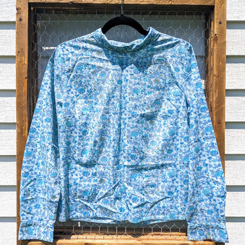 Vintage 1970s Dutchmaid Blue Floral Filagree Button Down Back Shirt M Boho VTG